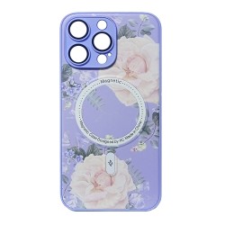 Flower Design Magnetic Case for Apple iPhone 15 Pro Max Purple